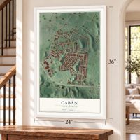 Cabán, Puerto Rico map, 24 x 36 inch print in a white frame by a staircase