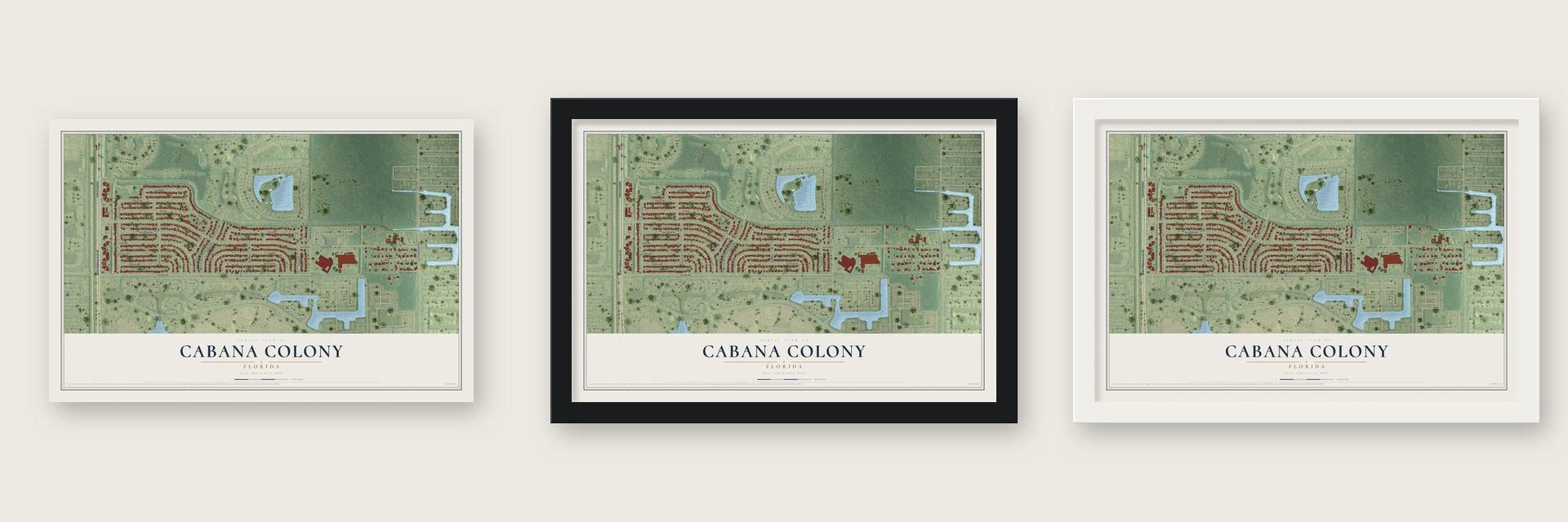 Cabana Colony, Florida map unframed, in a black wood frame and in a white wood frame