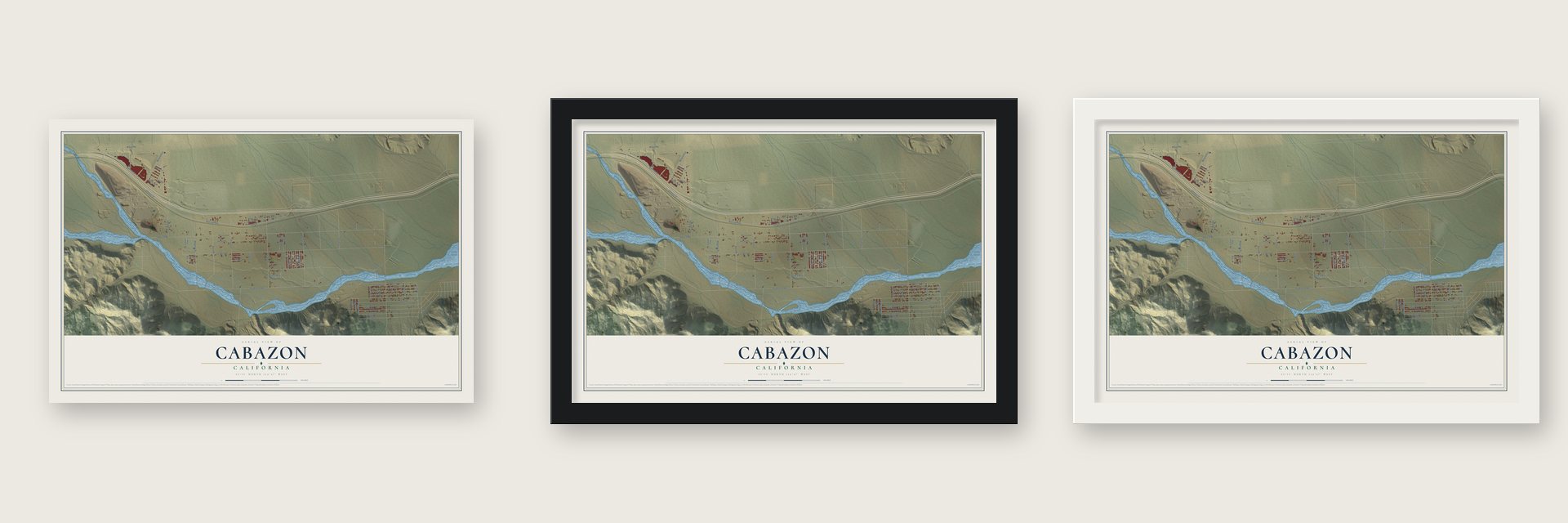 Cabazon, California map unframed, in a black wood frame and in a white wood frame