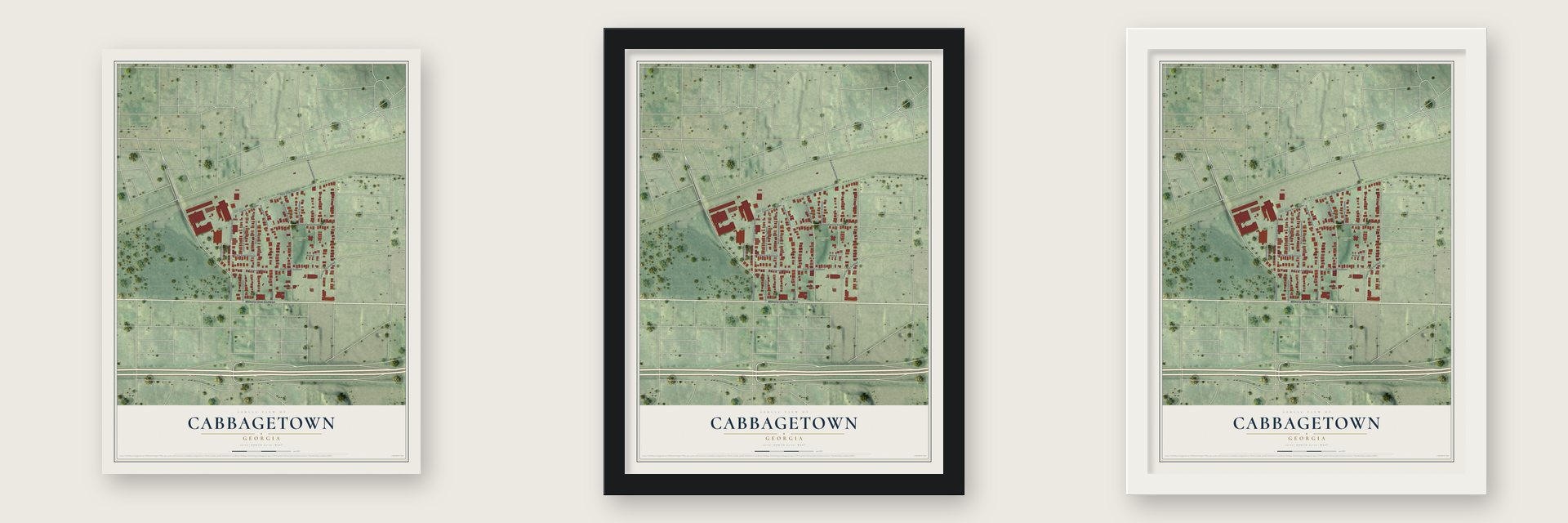 Cabbagetown, Georgia map unframed, in a black wood frame and in a white wood frame
