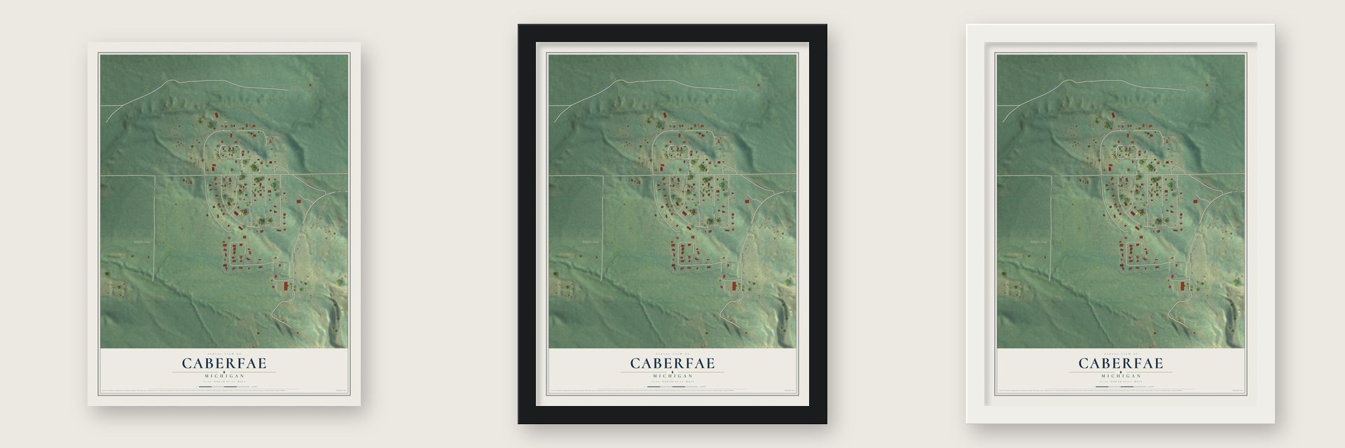Caberfae, Michigan map unframed, in a black wood frame and in a white wood frame