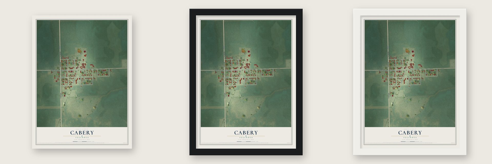 Cabery, Illinois map unframed, in a black wood frame and in a white wood frame