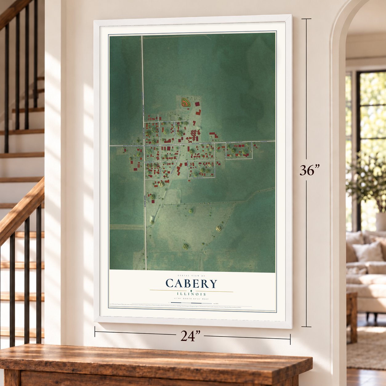 Cabery, Illinois map, 24 x 36 inch print in a white frame by a staircase