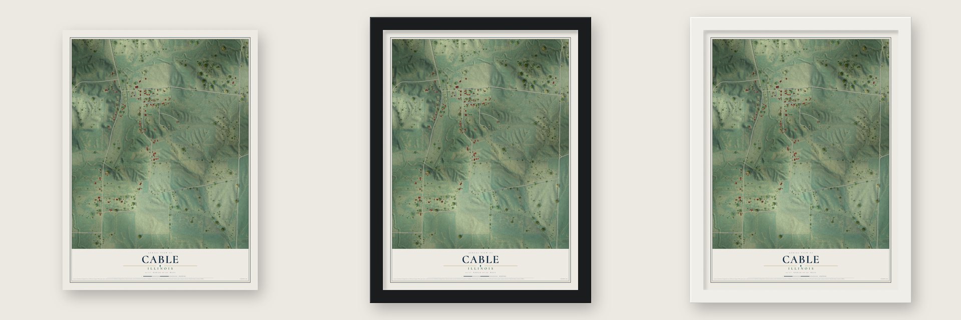 Cable, Illinois map unframed, in a black wood frame and in a white wood frame
