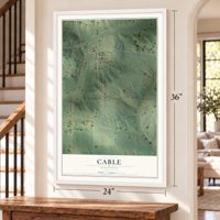 Cable, Illinois map, 24 x 36 inch print in a white frame by a staircase