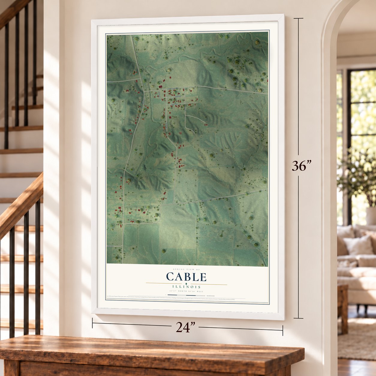 Cable, Illinois map, 24 x 36 inch print in a white frame by a staircase