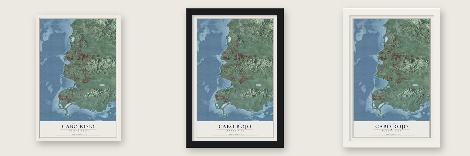 Cabo Rojo, Puerto Rico map unframed, in a black wood frame and in a white wood frame