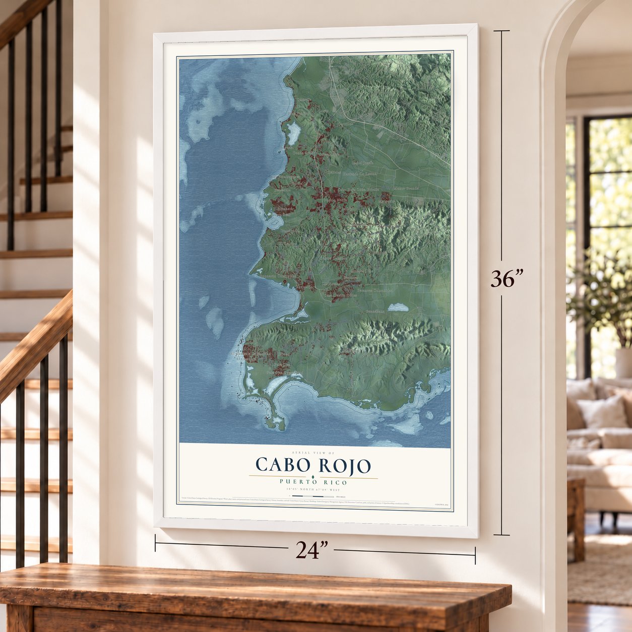 Cabo Rojo, Puerto Rico map, 24 x 36 inch print in a white frame by a staircase