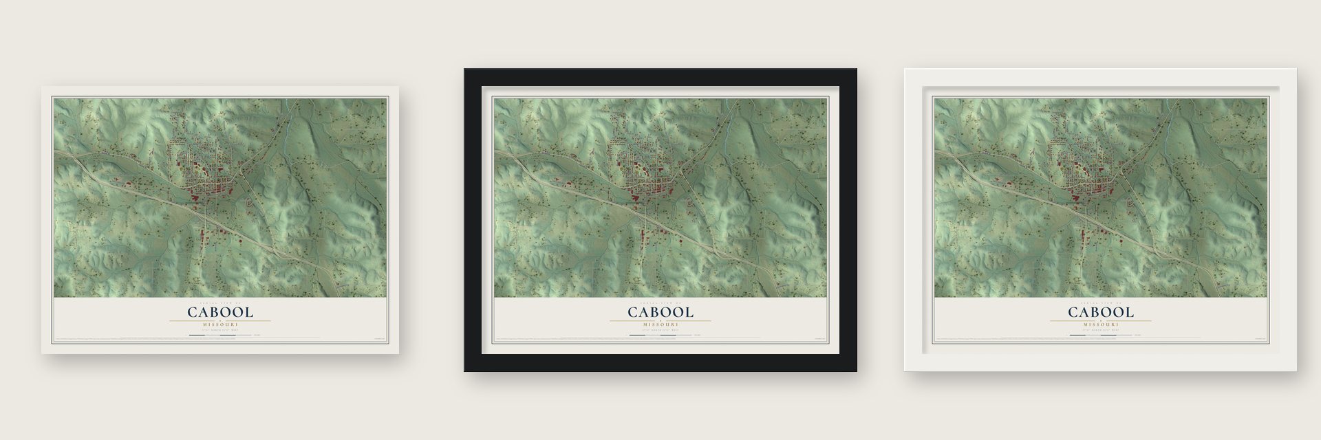 Cabool, Missouri map unframed, in a black wood frame and in a white wood frame