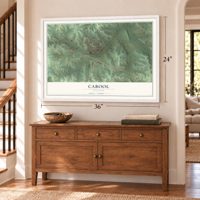 Cabool, Missouri map, 24 x 36 inch print in a white frame above a dresser by a staircase