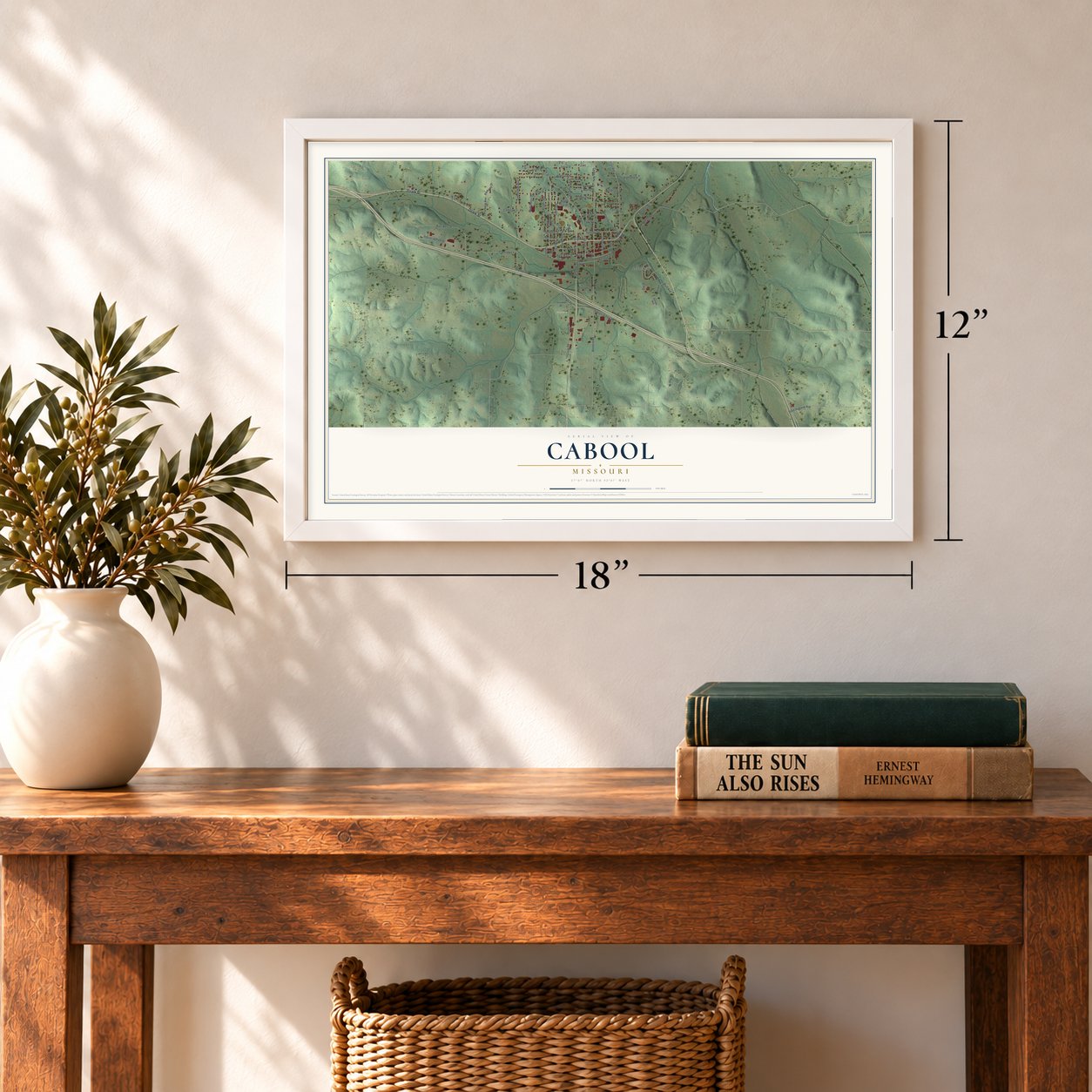 Cabool, Missouri map, 12 x 18 inch print in a white frame in an entryway