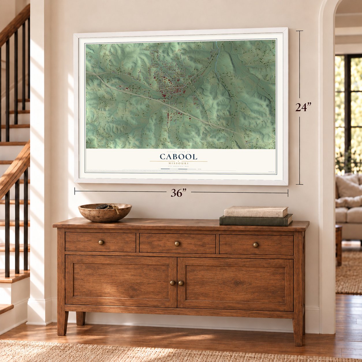 Cabool, Missouri map, 24 x 36 inch print in a white frame above a dresser by a staircase