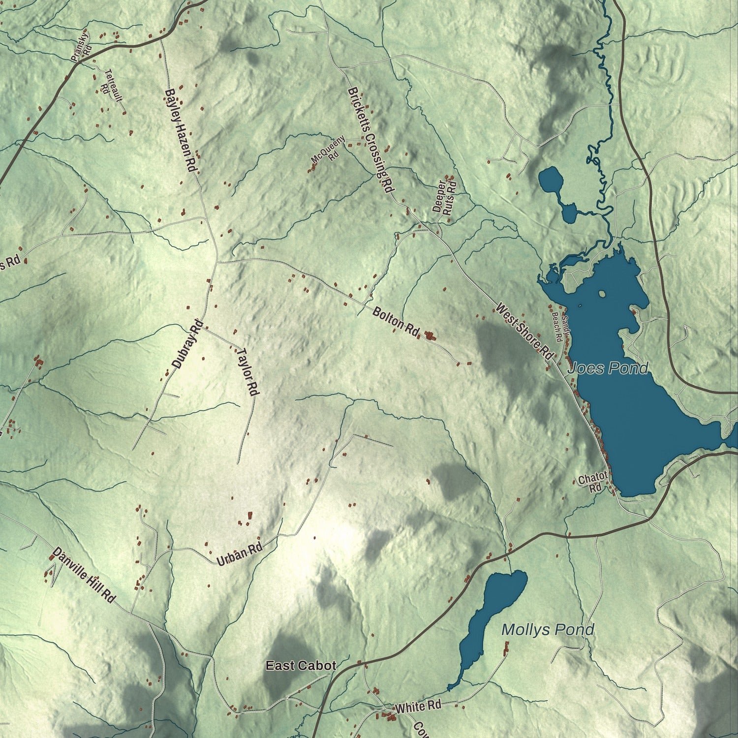 Close-up of the map of Cabot, Vermont print showing terrain and local geography