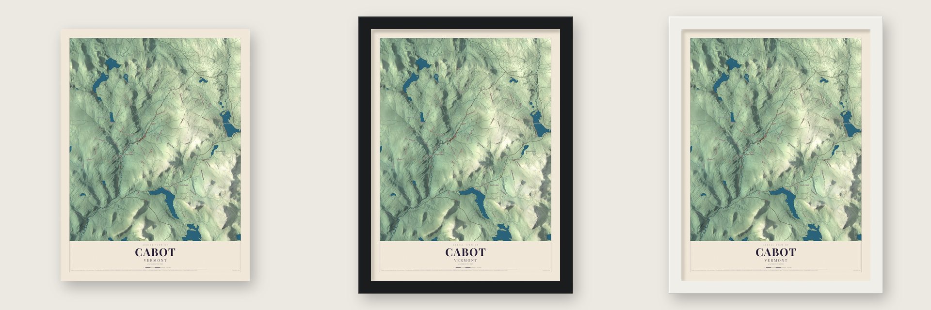 Cabot, Vermont map unframed, in a black wood frame and in a white wood frame