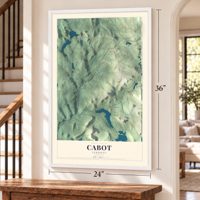 Cabot, Vermont map, 24 x 36 inch print in a white frame by a staircase