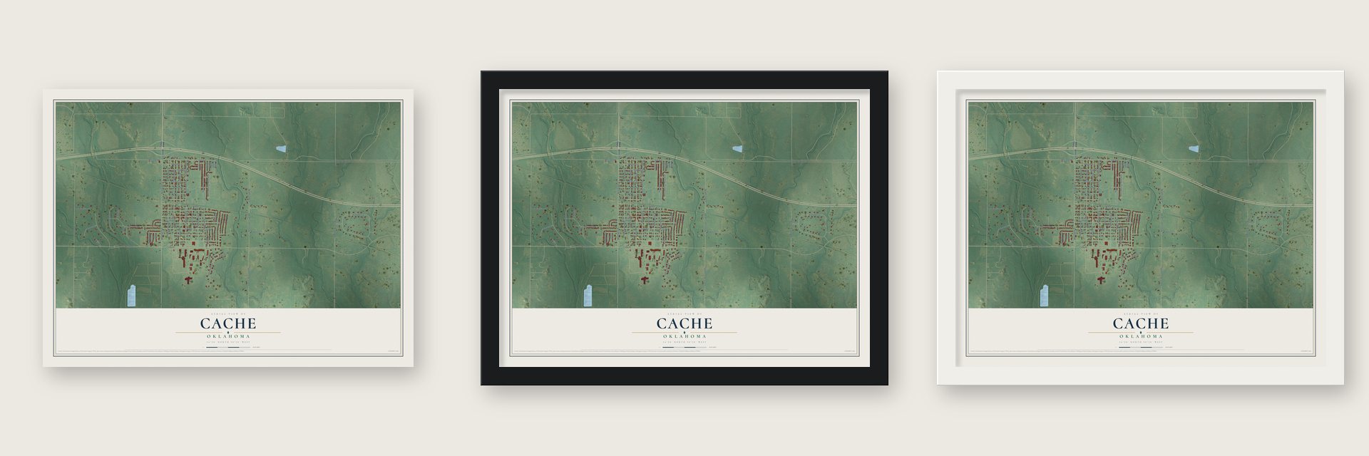 Cache, Oklahoma map unframed, in a black wood frame and in a white wood frame