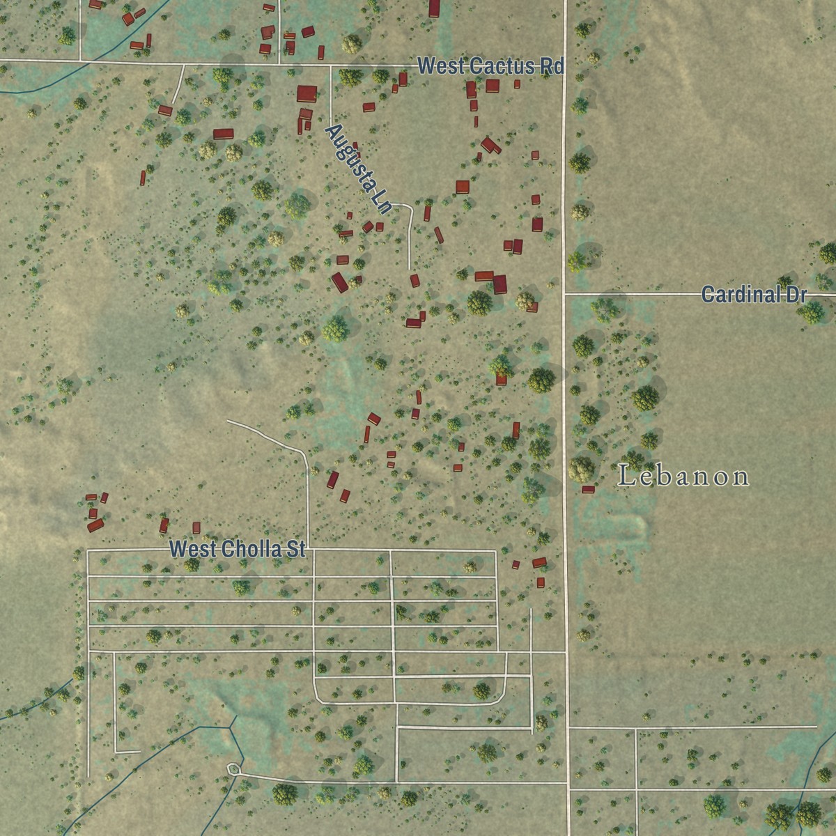 Second close-up of the map of Cactus Flats, Arizona print showing more streets and buildings