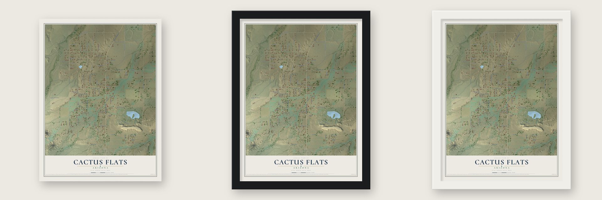 Cactus Flats, Arizona map unframed, in a black wood frame and in a white wood frame