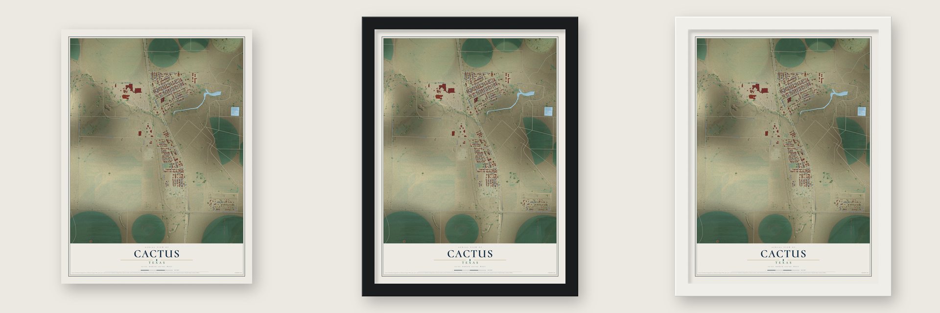 Cactus, Texas map unframed, in a black wood frame and in a white wood frame
