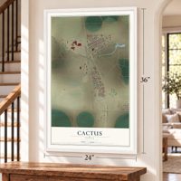 Cactus, Texas map, 24 x 36 inch print in a white frame by a staircase