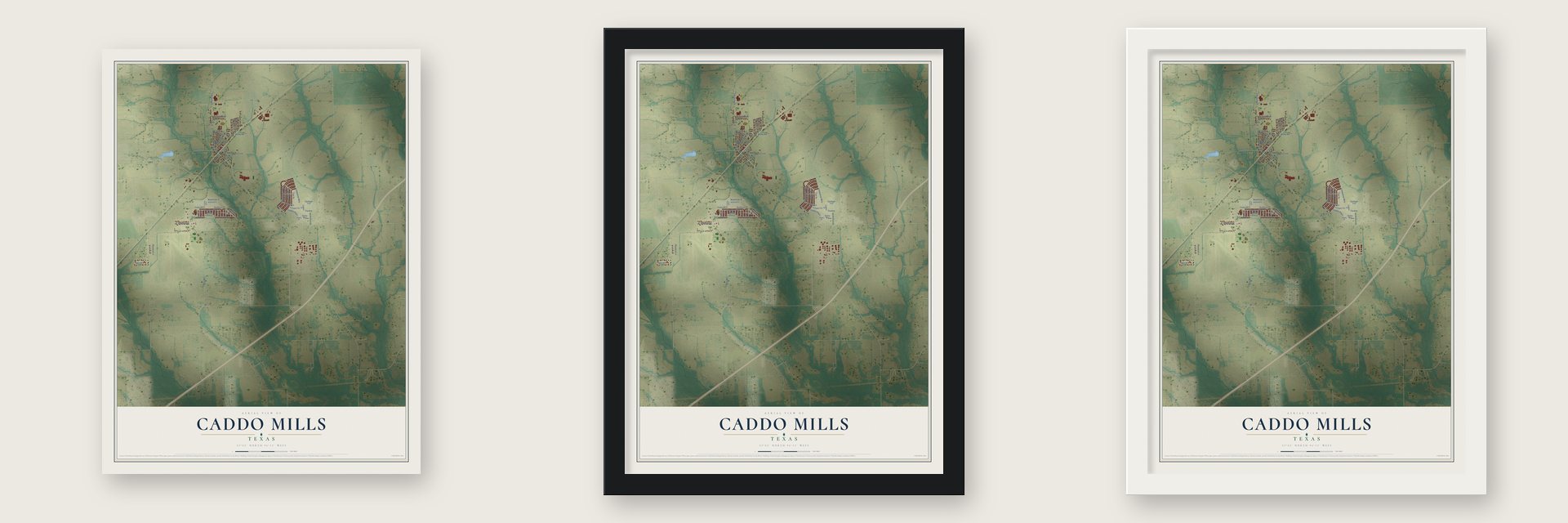 Caddo Mills, Texas map unframed, in a black wood frame and in a white wood frame