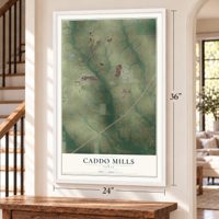 Caddo Mills, Texas map, 24 x 36 inch print in a white frame by a staircase