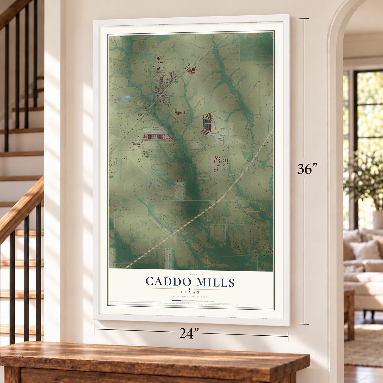 Caddo Mills, Texas map, 24 x 36 inch print in a white frame by a staircase