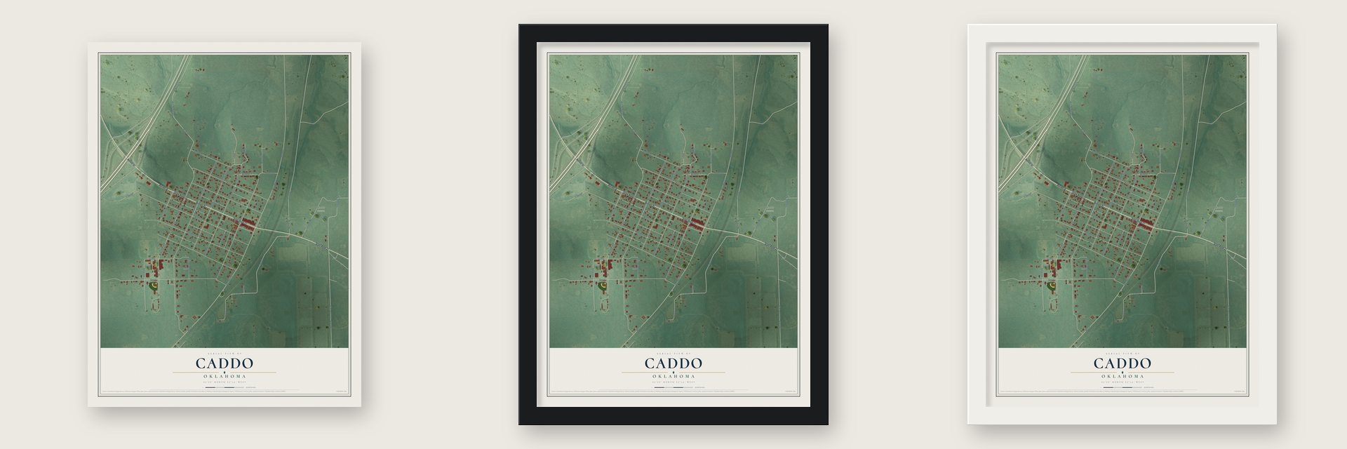 Caddo, Oklahoma map unframed, in a black wood frame and in a white wood frame