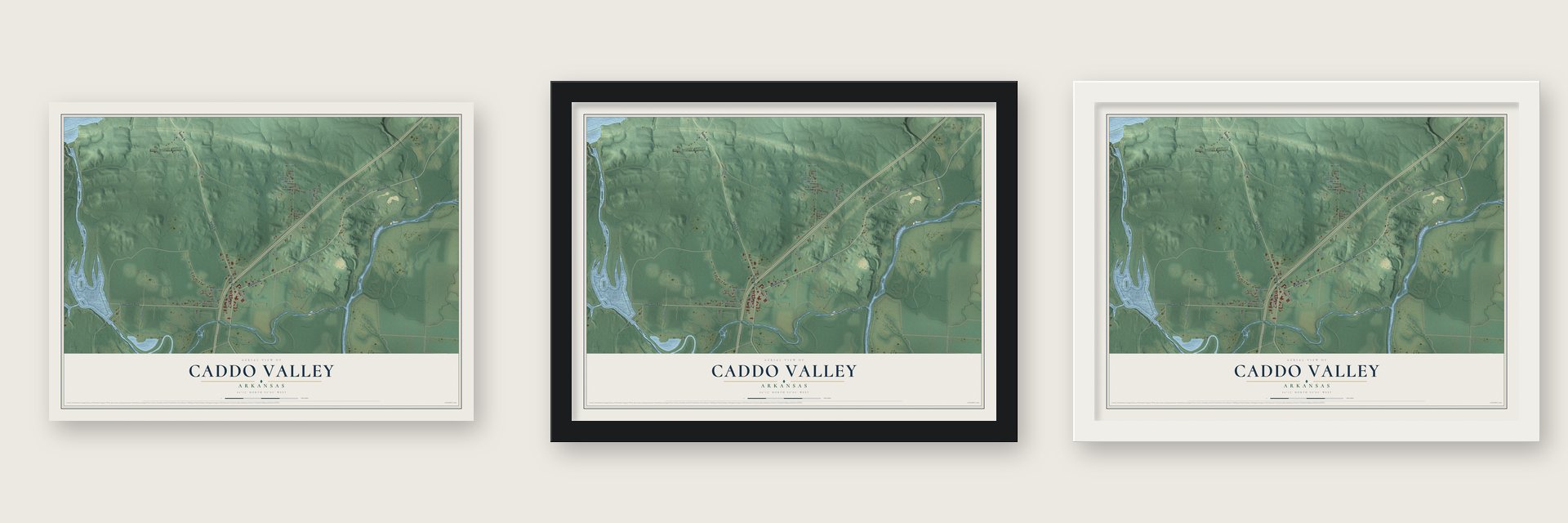 Caddo Valley, Arkansas map unframed, in a black wood frame and in a white wood frame