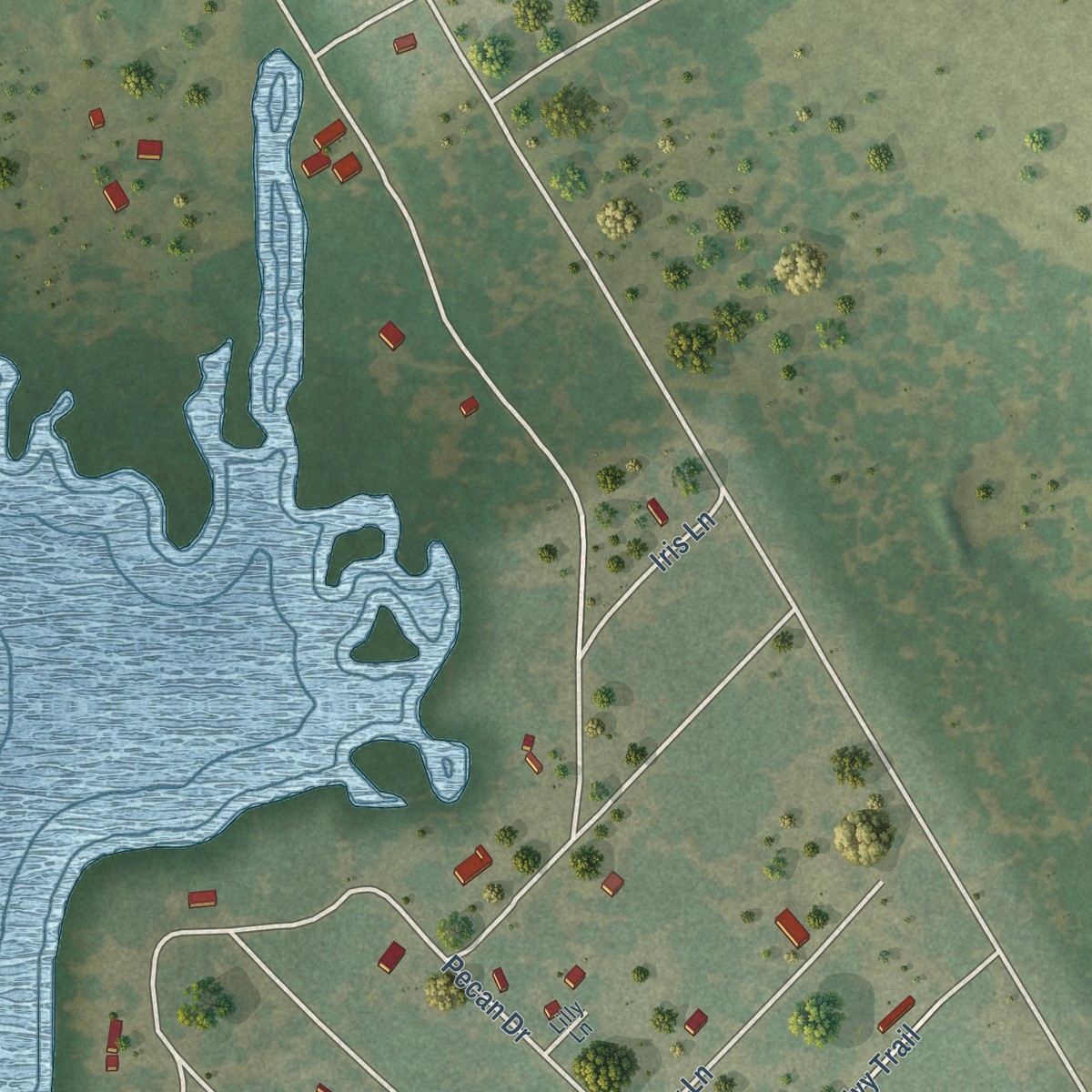 Second close-up of the map of Cade Lakes, Texas print showing more streets and buildings