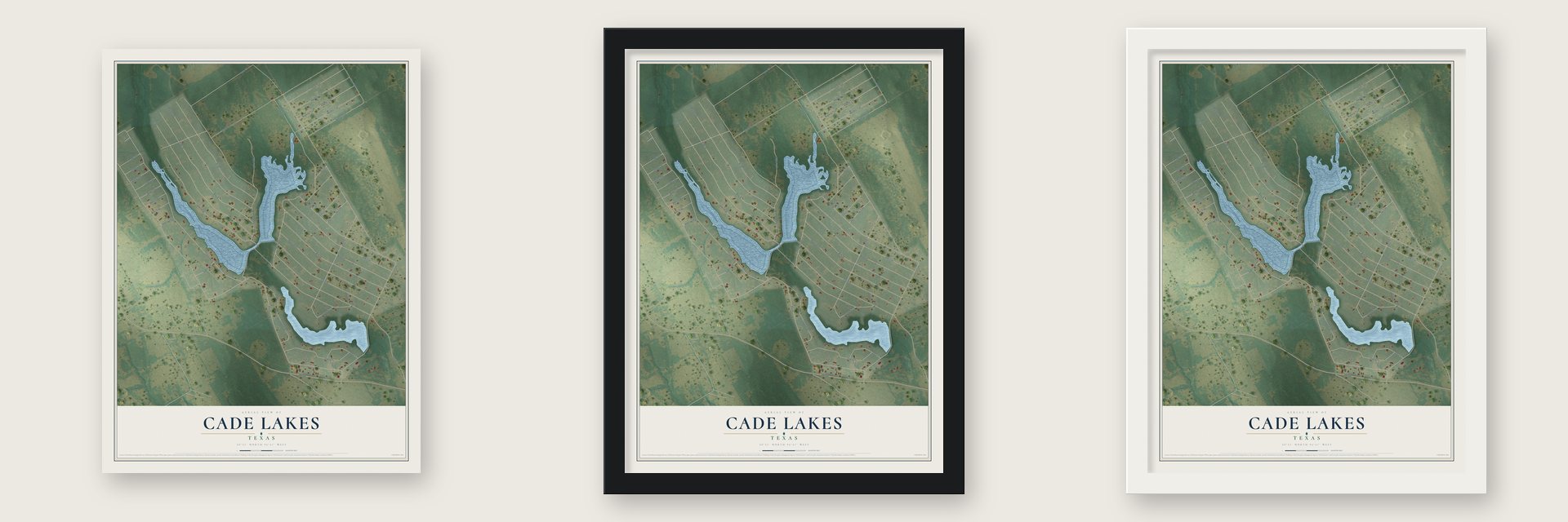 Cade Lakes, Texas map unframed, in a black wood frame and in a white wood frame