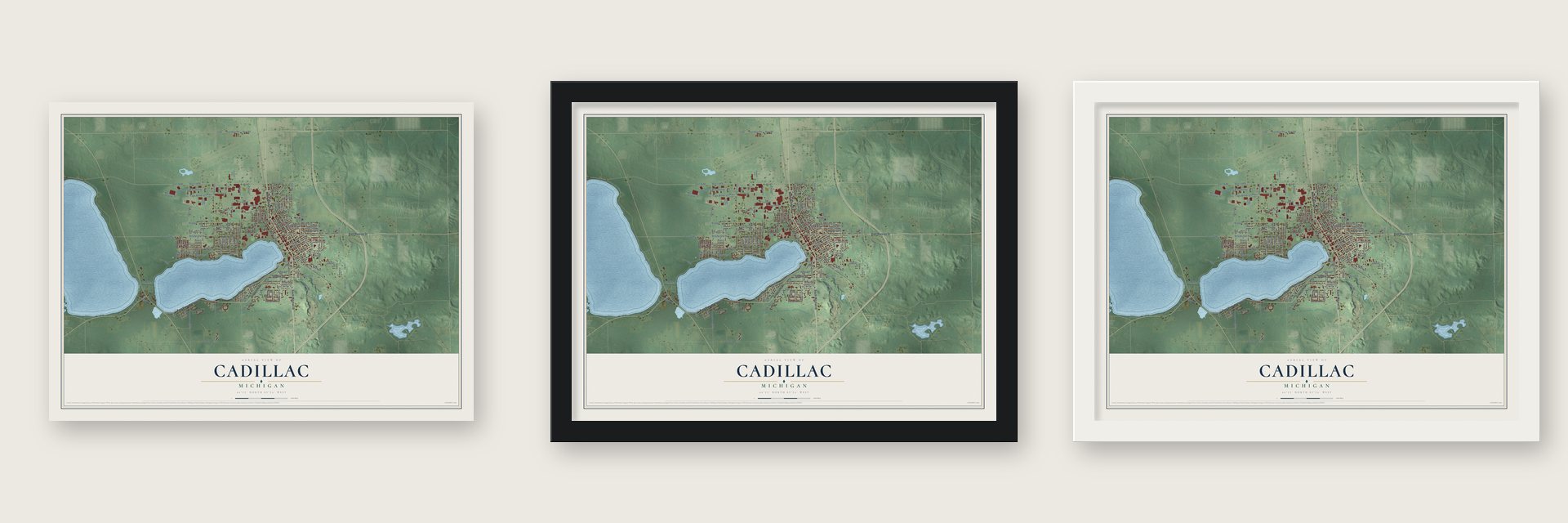 Cadillac, Michigan map unframed, in a black wood frame and in a white wood frame