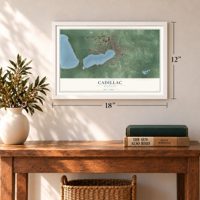 Cadillac, Michigan map, 12 x 18 inch print in a white frame in an entryway