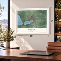 Cadillac, Michigan map, 18 x 24 inch print in a white frame in a home office