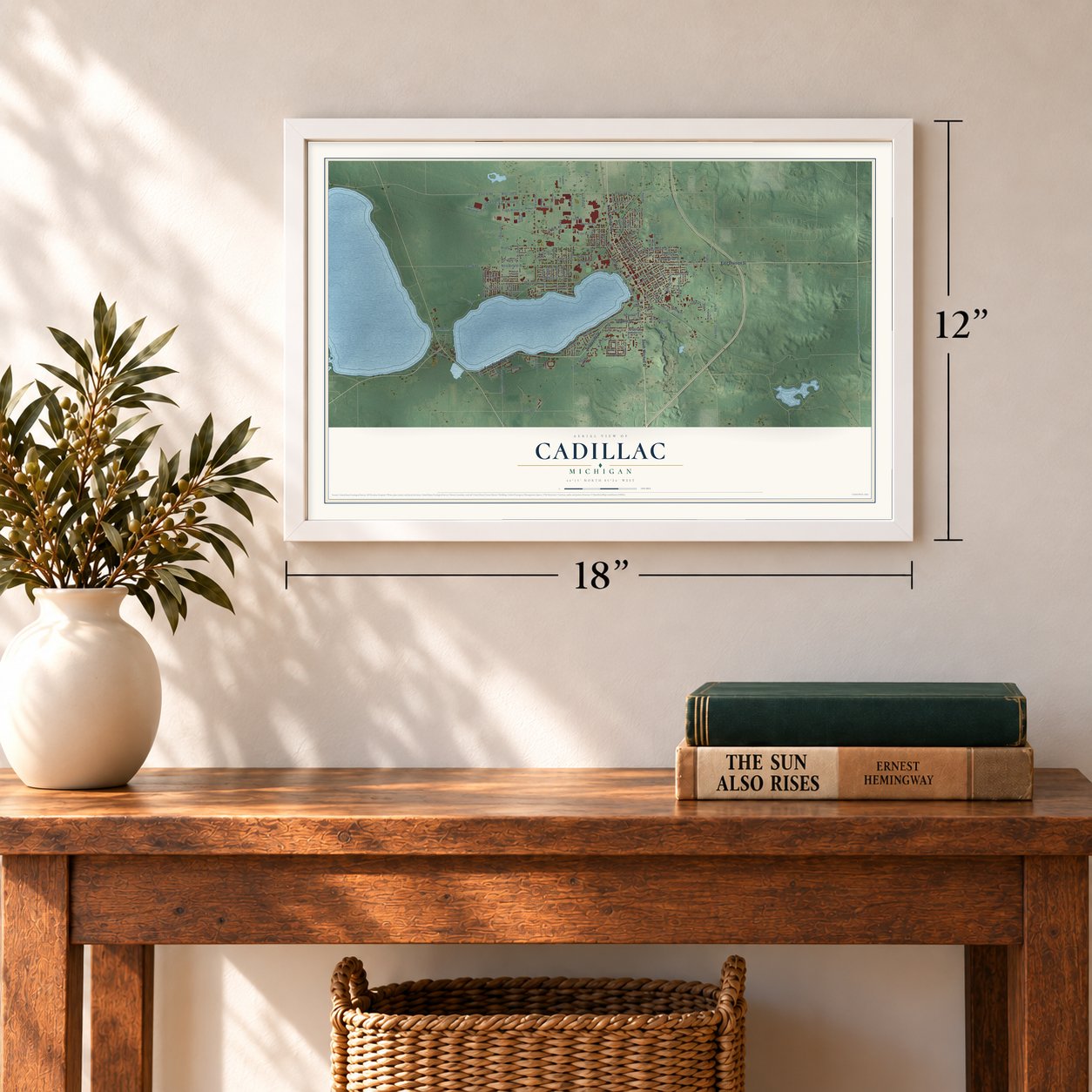Cadillac, Michigan map, 12 x 18 inch print in a white frame in an entryway
