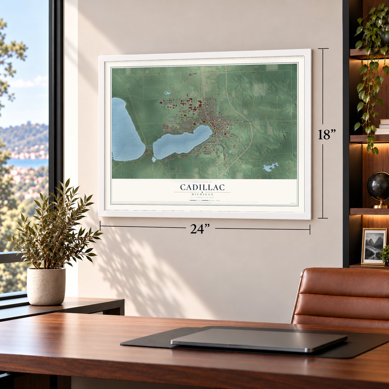 Cadillac, Michigan map, 18 x 24 inch print in a white frame in a home office