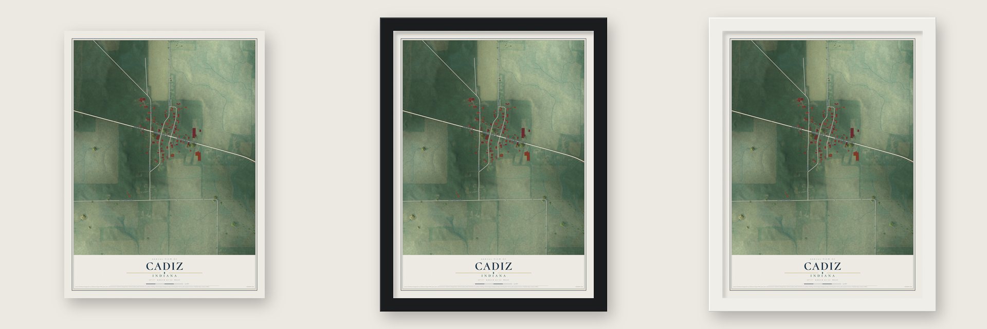 Cadiz, Indiana map unframed, in a black wood frame and in a white wood frame