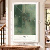 Cadiz, Indiana map, 24 x 36 inch print in a white frame by a staircase