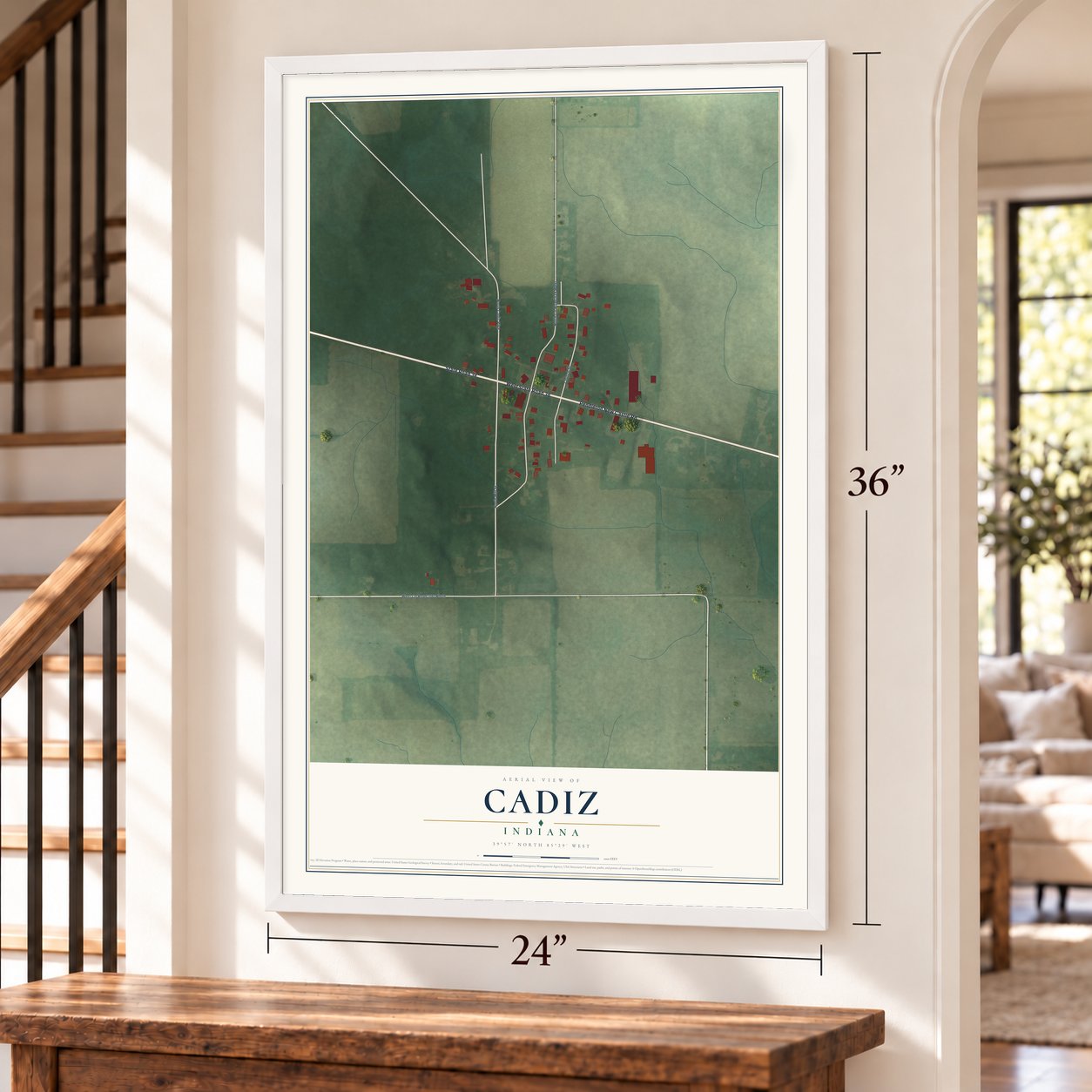 Cadiz, Indiana map, 24 x 36 inch print in a white frame by a staircase