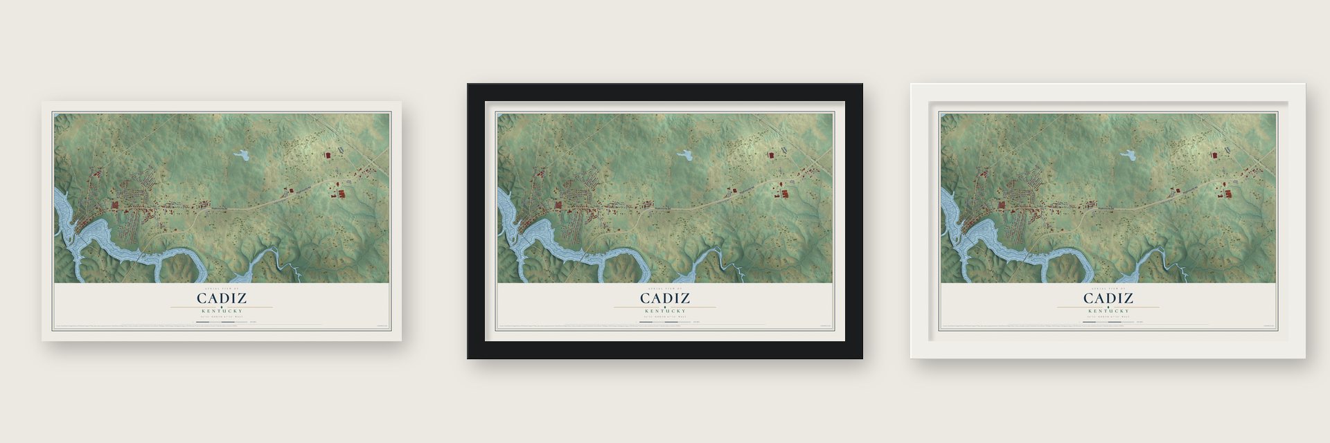 Cadiz, Kentucky map unframed, in a black wood frame and in a white wood frame