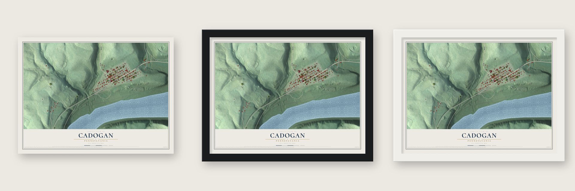 Cadogan, Pennsylvania map unframed, in a black wood frame and in a white wood frame