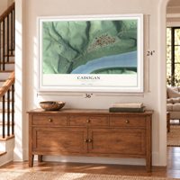 Cadogan, Pennsylvania map, 24 x 36 inch print in a white frame above a dresser by a staircase