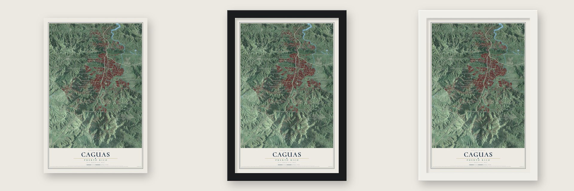Caguas, Puerto Rico map unframed, in a black wood frame and in a white wood frame
