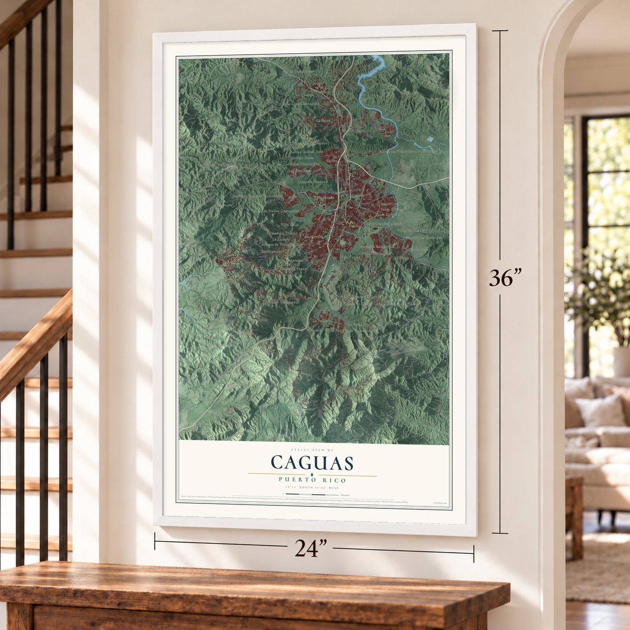 Caguas, Puerto Rico map, 24 x 36 inch print in a white frame by a staircase