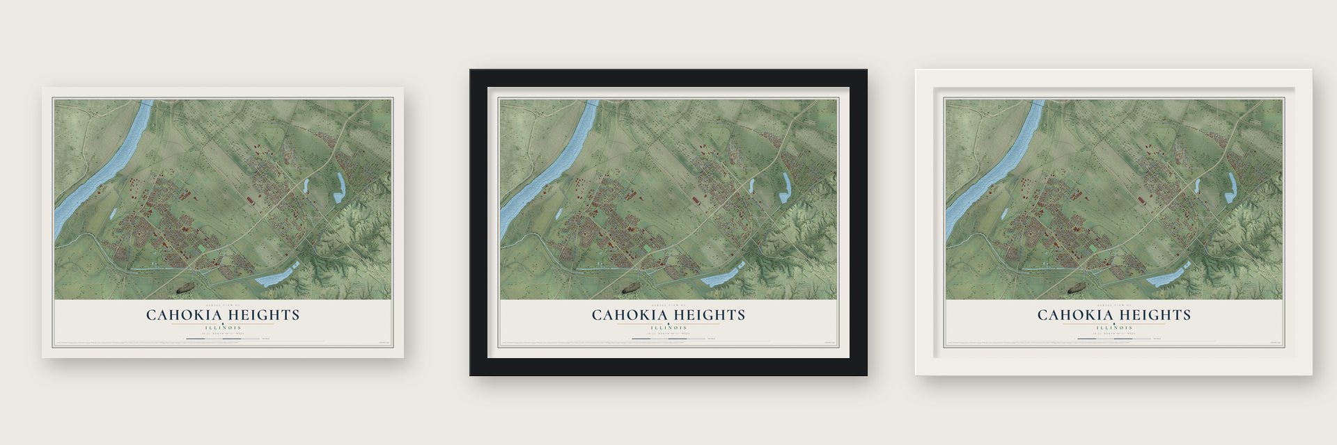 Cahokia Heights, Illinois map unframed, in a black wood frame and in a white wood frame