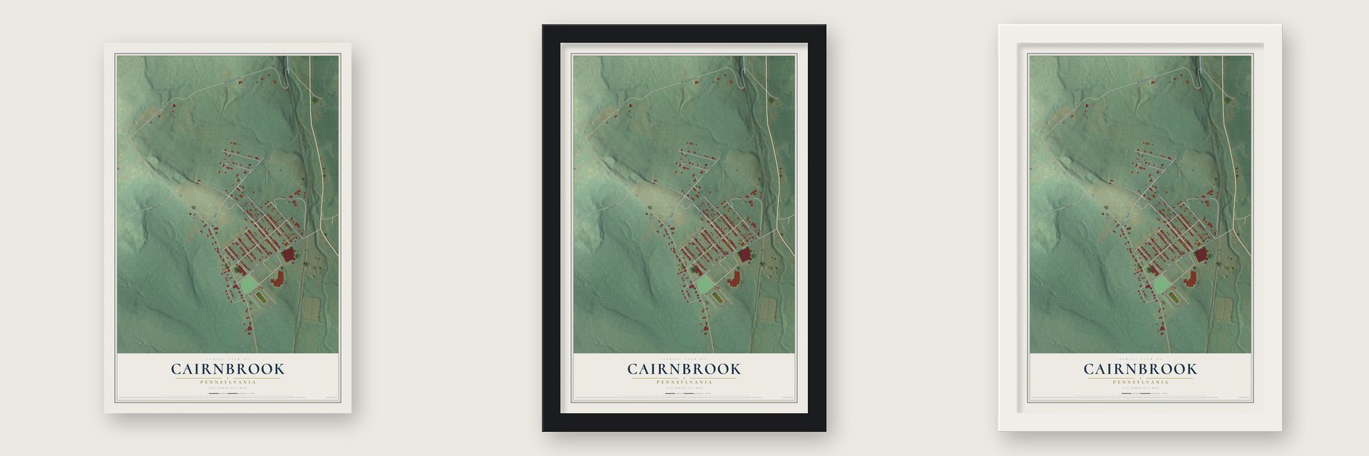 Cairnbrook, Pennsylvania map unframed, in a black wood frame and in a white wood frame