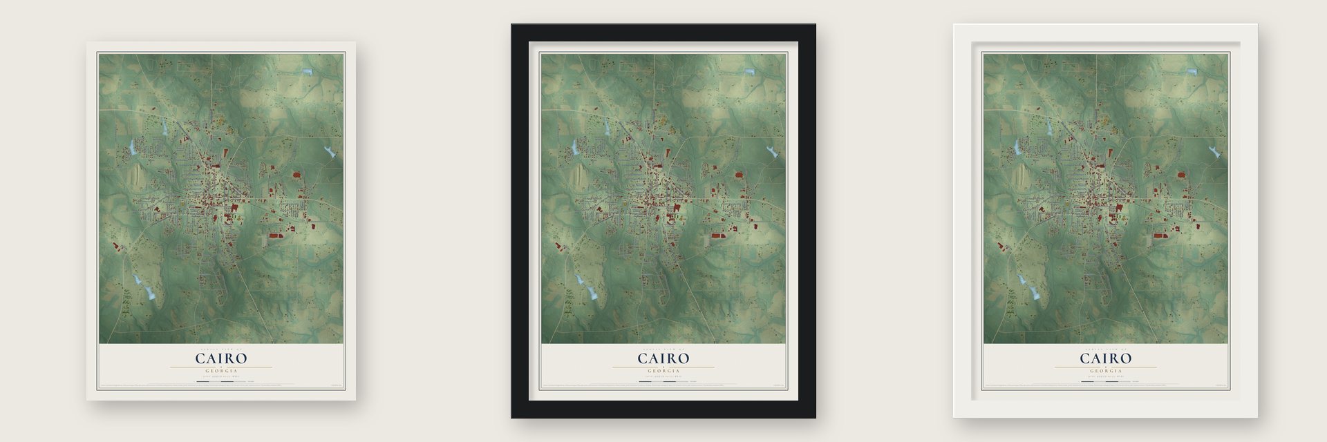 Cairo, Georgia map unframed, in a black wood frame and in a white wood frame