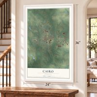 Cairo, Georgia map, 24 x 36 inch print in a white frame by a staircase