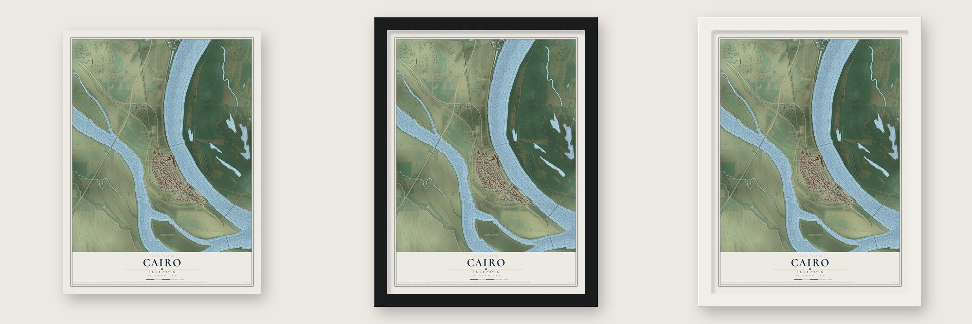 Cairo, Illinois map unframed, in a black wood frame and in a white wood frame