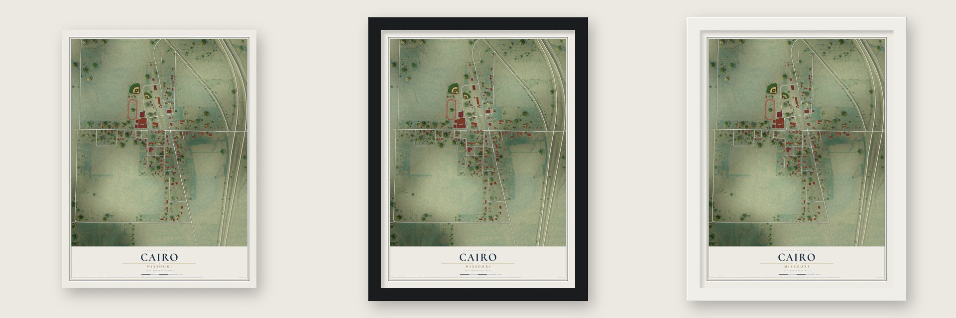 Cairo, Missouri map unframed, in a black wood frame and in a white wood frame